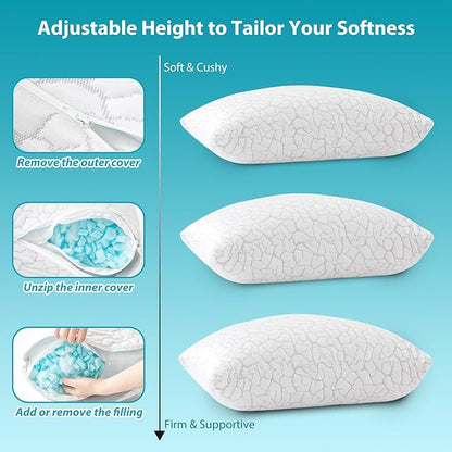 Cooling Pillows for Sleeping 1 Pack, Queen Size Adjustable Shredded Memory Foam Pillows, Firm Bed Pillows for Side, Back, Stomach, Hot Sleepers, Cold Pillow with Removable Washable Cover