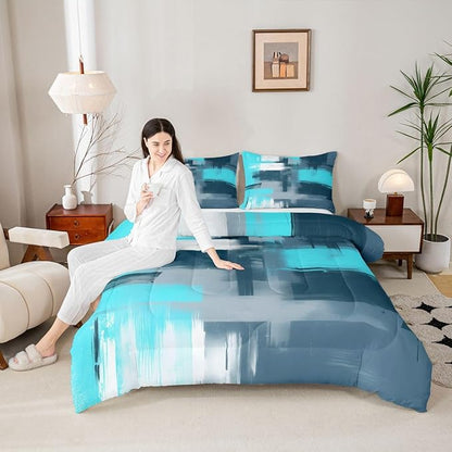 Feelyou Abstract Comforter Modern Abstract Art Comforter Set for Boys Girls Children Teal Blue Pattern Bedding Set Room Decor Full Size Duvet Set 3Pcs