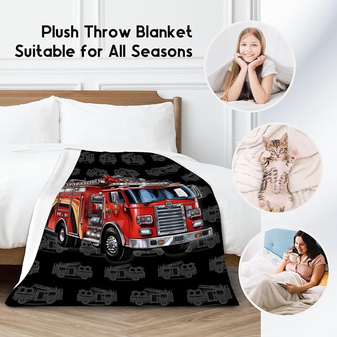 Toddler Blankets for Boys, Cozy Soft Fire Truck Throw Gifts for Kids, Black Flannel Firefighter Blankets for Couch Office, 30x40 Inches