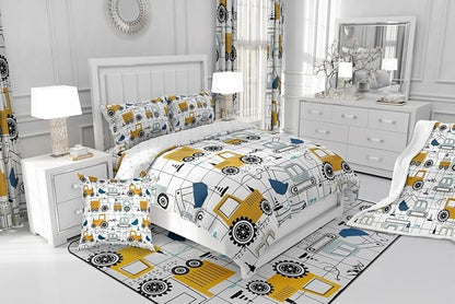 Feelyou Construction Comforter Set Queen Size Kids Excavator Tractor Toddler Comforter Cartoon Car Equipment Trucks Plaid Grid Comforter Set Construction Vehicles White Yellow Duvet Set