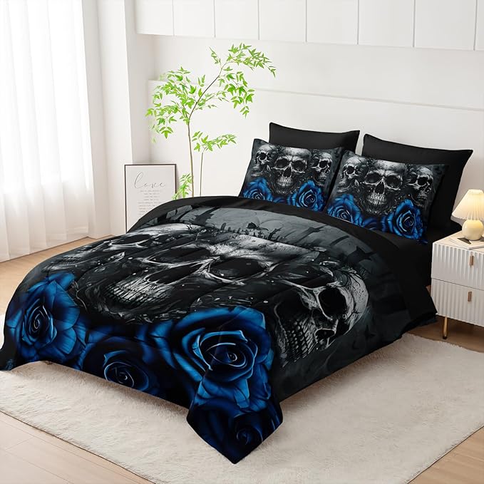 Black Skull Comforter Set 7 Piece King Size Bed in A Bag,Goth Bedding for Room Decor,Soft Western Comforter Boho Hippie Bedding with Fitted Sheet,Flat Sheet, Pillowcases & Shams