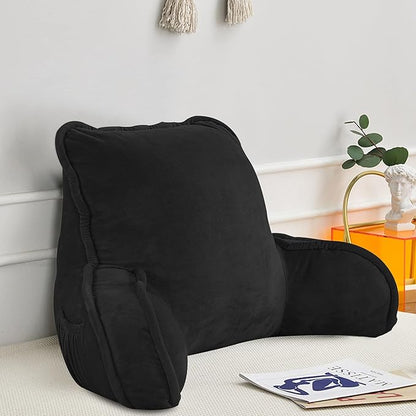 Home Soft Things Super Soft Bedrest Reading Pillow, Lounger Backrest Pillow for Sitting in Bed with Arms Pockets, 20" x 18" x 17", Black