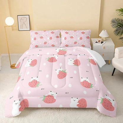 QOOMO Cartoon Bear Comforter Twin Size,Pink Strawberry Bedding Set for Kids Teens Girls,3Pcs Bedding Set Printed Comforter with 2 Pillowcases,Down Alternative,Soft and Lightweight，Twin Size
