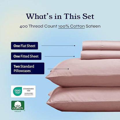 California Design Den Full Sheet Set Cotton - 400 Thread Count Sateen, Natural 100% Cotton Bedding Sheets & Pillowcases, Deep Pockets with All Around Elastic, Soft, Durable - Mauve
