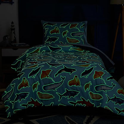 Kids Comforter Set Twin Size for Boys, Glow in The Dark Sea World Bedding Set 1 Comforter, 1 Decor Pillow, 1 Pillow Shams