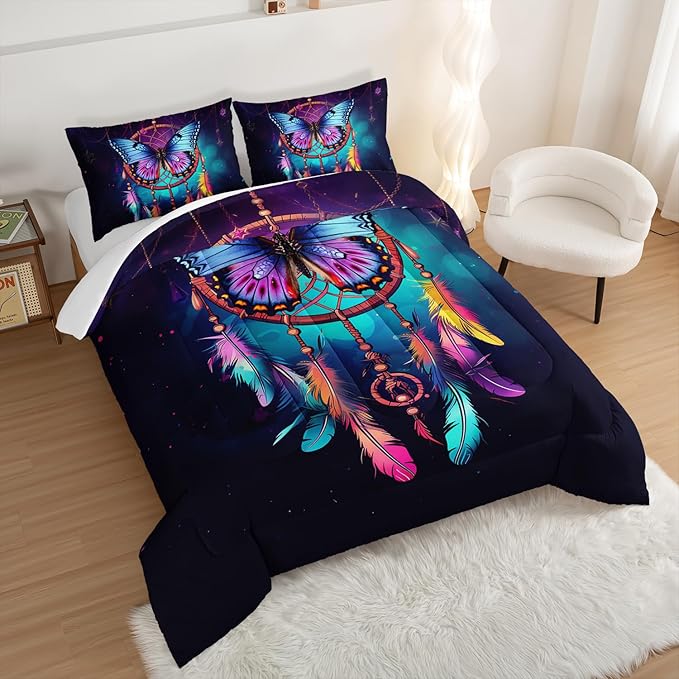 HOSIMA Dream Catcher Comforter Set 3Pcs for Teens Adults Girls Room Decor,Boho Comforter Set Queen Size Bed Native American Gypsy Butterfly Bedding Indian Hippie Feather Comforter.