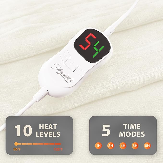 Homemate Heated Blanket Electric Throw - 50"x60" Heating Blanket Throw 1/2/4/6/8 Hours Auto-Off 10 Heat Level Over-Heat Protection Flannel Sherpa ETL Certification