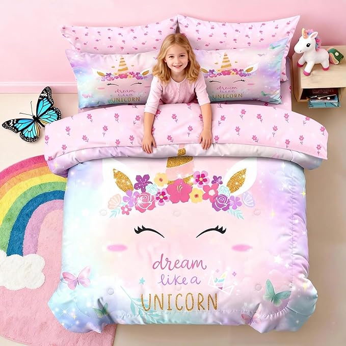 Bodhi Queen Size Comforter Sets for Girls,Kids Unicorn Queen Bedding Sets,Teens Butterfly Flower Unicorn Comforter Sets 5 Piece