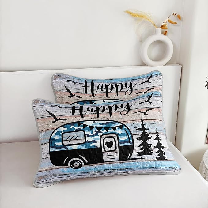 HOSIMA Happy Camper Decor Twin Quilt Set,Camouflage Camping Quilt for Adults Room Decor,Camper Accessories for Travel Trailers Camping Themed Bedding with 2 Pillowcases.