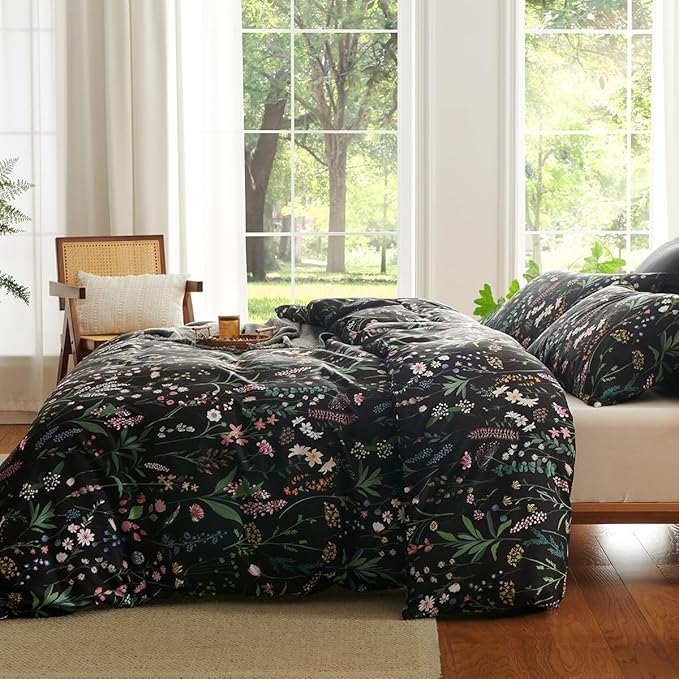 Floral Duvet Cover King Black 3 Pieces Elegant Botanical Flower Bedding Set Farmhosue Aesthetic Bedding Soft Microfiber Duvet Cover Set with 2 Pillowcases
