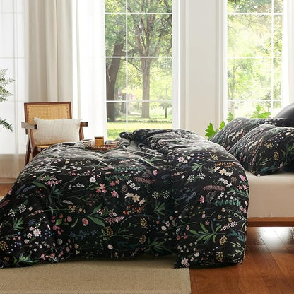 Floral Duvet Cover Twin Black 2 Pieces Elegant Botanical Flower Bedding Set Farmhosue Aesthetic Bedding Soft Microfiber Duvet Cover Set with 1 Pillowcase