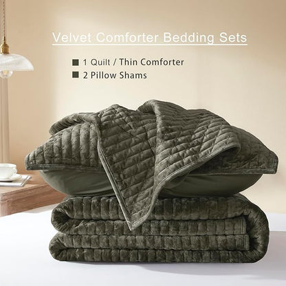 LEAONME Velvet Quilt King Size 98''x106'', Lightweight Olive Green Velvet Comforter Set with 2 Matching Shams, Soft Cross Stitch Bedspread Coverlet Bedding Set for All Season