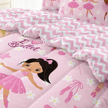 Twin Bedding Set for Girls Kids 5 Pieces Comforter Sets Bed in a Bag Pink Floral Ballerina Bedding Comforter Sheet Set Cute Bedroom Decor
