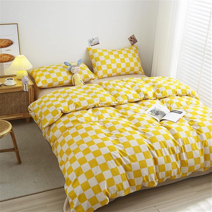 Wellboo Yellow and White Comforter Sets Twin Women Men Bright Yellow Checkerboard Grid Bedding Comforters Cotton Boys Girls Modern Checkered Geometric Quilts Luxury Elegant Soft Bed