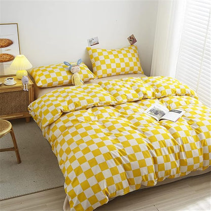 Wellboo Yellow White Plaid Comforter Sets Full Size Checkerboard Grid Bedding Comforters Cotton Modern Bright Yellow and White Checkered Geometric Quilts Luxury Abstract Bed Soft