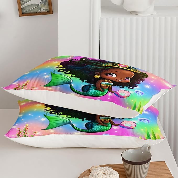 Mermaid Queen Size Bedding Set for Kids Girls, Cute Black Girl Mermaid Ocean Life Pattern Comforter Set, Rainbow Bed with 1 Quilt and 2 Pillowcases