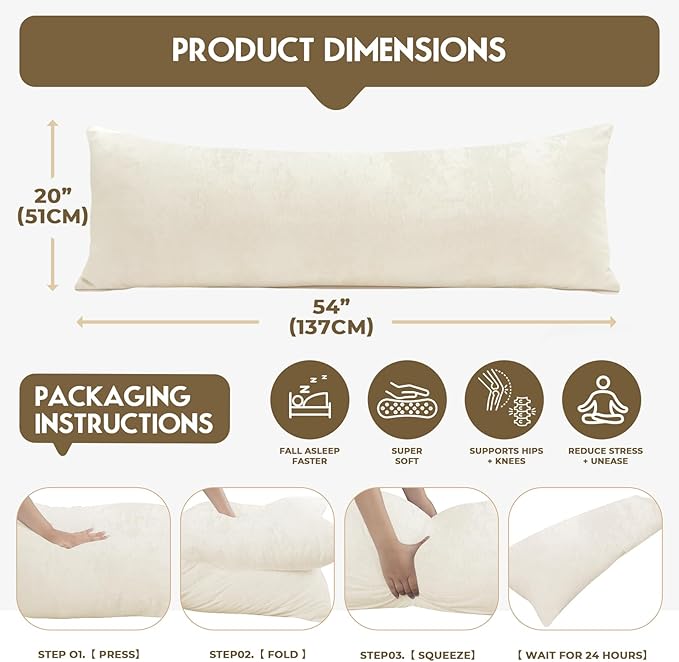 Body Pillow for Adults with Removable Pillowcase，Memory Foam Full Body Pillows for Side Sleepers, Back Pain, Pregnancy, Large Long Pillow Fluffy with Cover for Bed,20x54 Inch, Cream