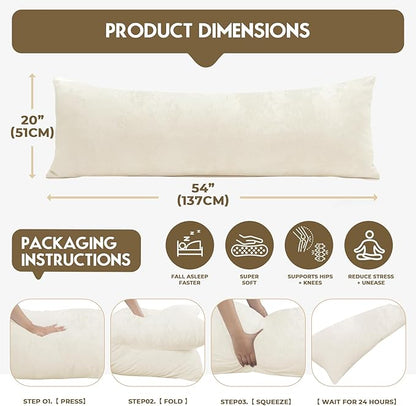 Body Pillow for Adults with Removable Pillowcase，Memory Foam Full Body Pillows for Side Sleepers, Back Pain, Pregnancy, Large Long Pillow Fluffy with Cover for Bed,20x54 Inch, Cream