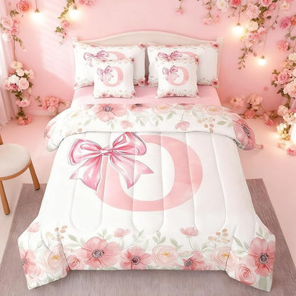Erosebridal Cute Pink Bow Bed in A Bag Twin Initial Letter O Bedding Sets Girly Kawaii Alphabet Bow Bed Set Bedroom Decor Spring Flower Floral Comforter Set with Sheets for Kids Teen Women 7-Piece