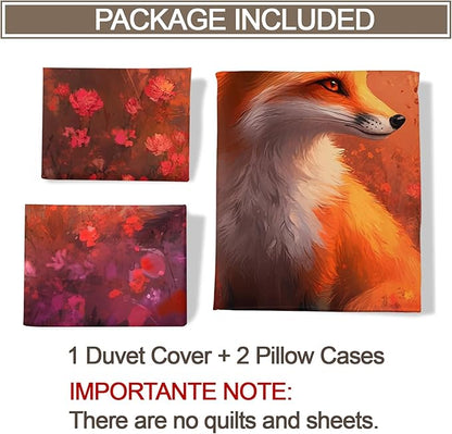 Red Fox Duvet Cover Queen Size, Beautiful Wild Fox Bedding Set 3 Piece Bedroom Decor Fantasy Decorative Comforter Cover with Zipper Ties & 2 Pillowcases