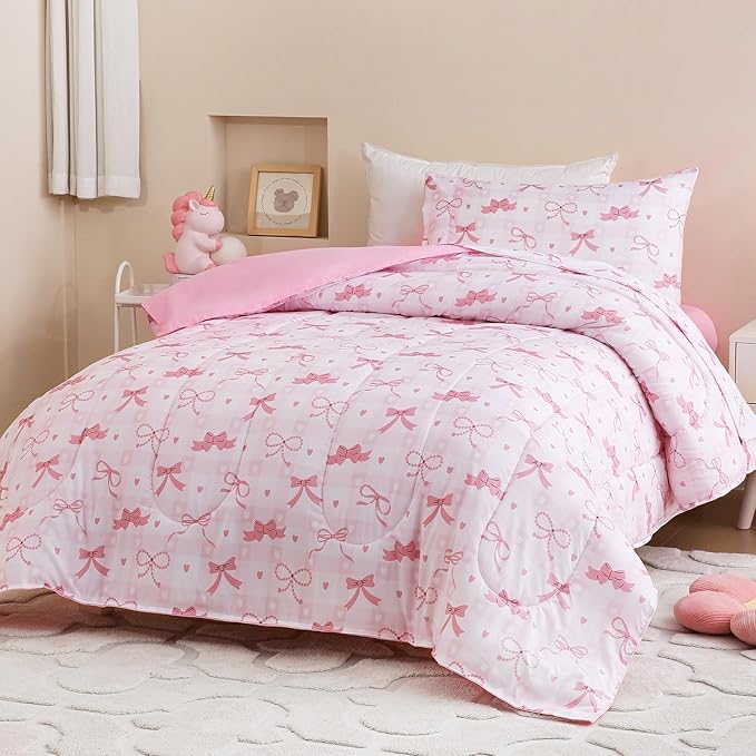 Twin Comforter Set for Kids, Boys, Girls, 4 Pieces Bed-in-a-Bag Bedding Set, All Season Ultra Soft Sheets Set with Comforter, Pink Bow