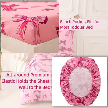 SDIII 4 Piece Pink Bow Girl Toddler Bedding Set, Cute Bowknot Princess Toddler Bedding Set with Comforter, Fitted Sheet, Flat Sheet and Pillowcase