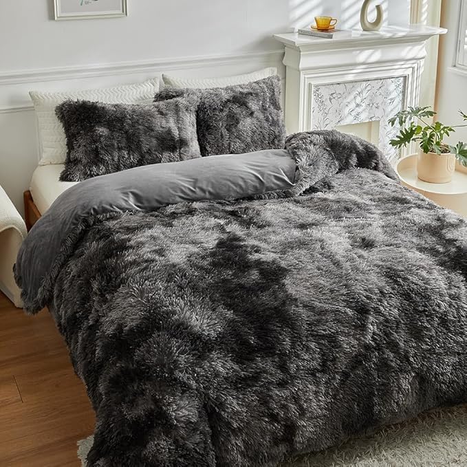 Wajade Faux Fur Plush White Comforter Set Fluffy Fuzzy Shaggy Bedding Set - 3PC Full/Queen Microfiber Soft Warm Quilt Set (Tie Dye Dark Grey, Queen)
