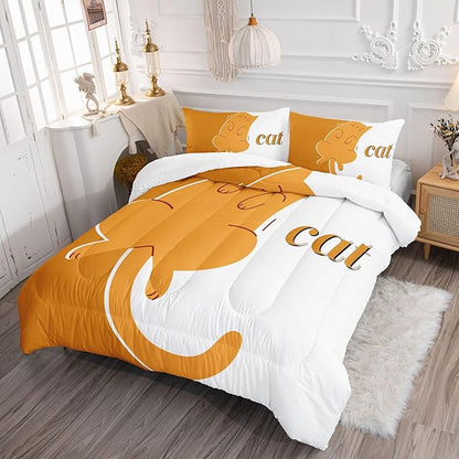 Orange Cat Comforter Set Cartoon Animal Printed Bedding Set with 1 Comforter and 2 Pillowcases for Boys and Girls Bedroom All Season(Cat Twin)