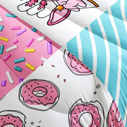 Pink Comforter Full Size,Cute Cartoon Axolotl Bedding Set Donut Dessert Pattern Comforter Set for Children Teens Girls Bedroom Decor Aesthetic,Lovely Style Comforter Set with 2 Pillowcases.