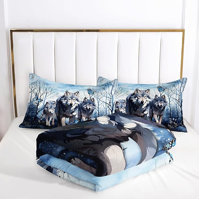 Watercolor Wolf Bedding Comforter Set King Size for Kids Teens and Adults Wild Animals Bedroom 100% Soft Microfiber All Season Print Quilt Set with 1 Comforter and 2 Pillowcases