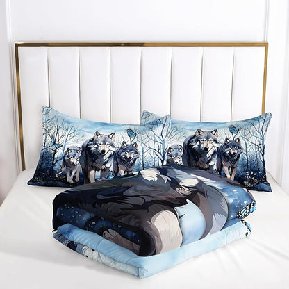Watercolor Wolf Bedding Comforter Set King Size for Kids Teens and Adults Wild Animals Bedroom 100% Soft Microfiber All Season Print Quilt Set with 1 Comforter and 2 Pillowcases