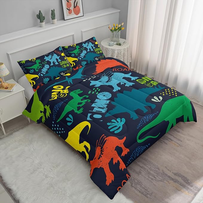 Axolotl Boys Cartoon Dinosaur Comforter Bedding Set,Cute Dinosaur Bedding Set for Boys Girls,Colorful Dino Animal Kids Comforter for Teens Kids Adults All Season,1 Quilt 2 Pillow Cases King Size
