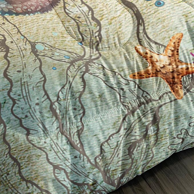 Retro Octopus Comforter Set Queen Size 3Pcs Nautical Coastal Compass Bedding Set Starfish Jellyfish Seaweed Quilt Bed Set for Boys Girls with 1 Comforter and 2 Pillowcases