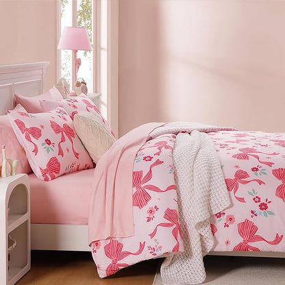 Queen Comforter Set for Girls, Pink Bow Bedding Set with Cute Floral, All Season Kids Bed in a Bag 7 Pieces with Sheets, Pillowcases & Shams