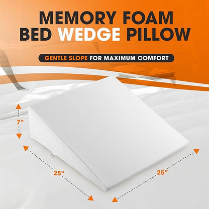 Cheer Collection Premium Memory Foam Bed Wedge Pillow for Acid Reflux, Sleeping Gentle Incline Cushion for Support of Head and Back - 25" x 25" x 6.5", White