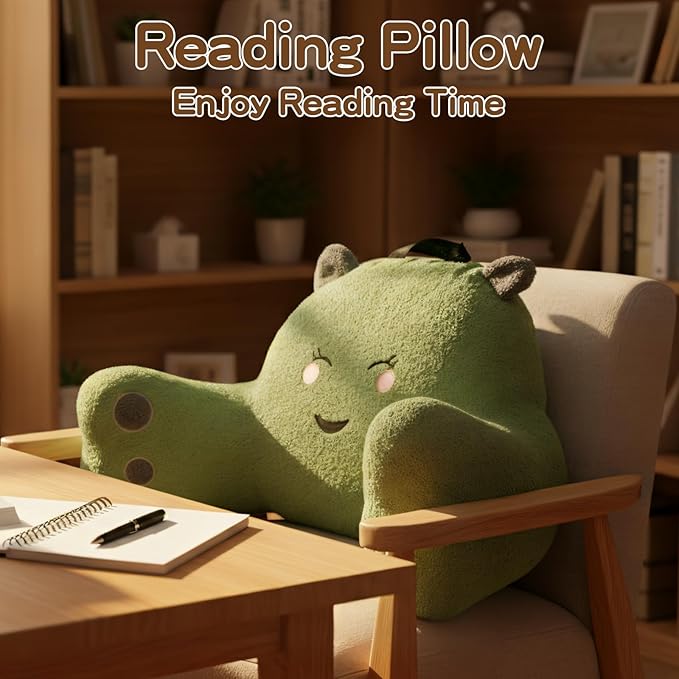 Reading Pillow for Sitting in Bed Couch Teens/Adult, Back Rest Pillow for Sitting Up in Bed with Shredded Memory Foam, Includes Arms and Washable Cover (Green)