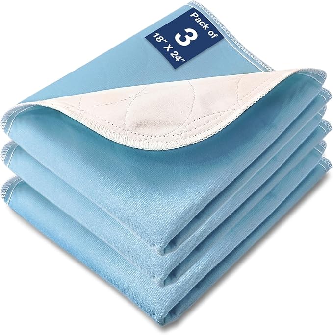 Washable Waterproof Underpads, 24" x 18" (3 Pack) Heavy Absorbency Reusable Incontinence Pads for Chair, Bassinet, Crib, Car Seat, Sofa, Wheelchair