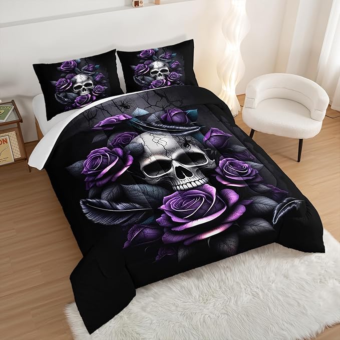 Death Skull Heads Twin Size Comforter Sets,Horror Themed Gothic Bedding for Kids Teens Boys Room Decor,Mysterious Floral Spider Western Comforter Sets with 2 Pillowcases.