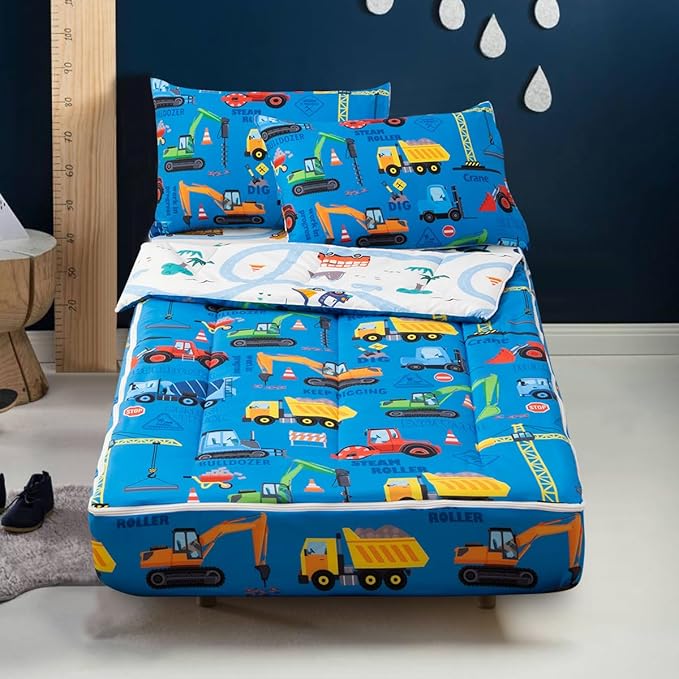Holawakaka Kids Zipper Bedding Construction Truck Comforter Set, Boys Twin Size Excavator Tractor Digger Print Zippered Bed Sets, Child Dorm Zip Bedding