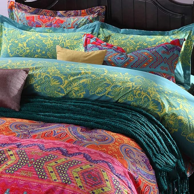 Jane yre Boho Duvet Cover Queen, Brushed Microfiber 3 Pieces Bedding Sets 1 Duvet Cover +2 Pillowcases, Bohemian Colorful Retro Print Duvet, with Zipper Closure, Durable Easy Care