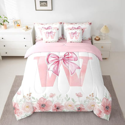 Erosebridal Pink Bow Tie Bowknot Bed in A Bag, Initial Letter W Bedding Sets, Romantic Flower Floral Comforter Set with Sheets for Kids Girls Dreamy Princess Style Bed Set Bedroom Decor Queen Size
