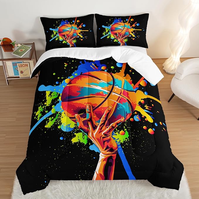 Black Basketball Comforter Set Full Size,Watercolor Tie-dye Comforter Color Graffiti Hip Hop Style Full Bed Set,Ball Sports Games Bedding Set for Teens Kids Bedroom Decor with 2 Pillowcases.