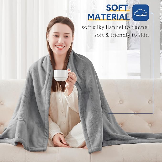 Sealy Electric Blanket Twin Size, Flannel Heated Blanket with 10 Heating Levels & 1-12 Hours Auto Shut Off, Machine Washable, Light Grey, 62 x 84 Inch