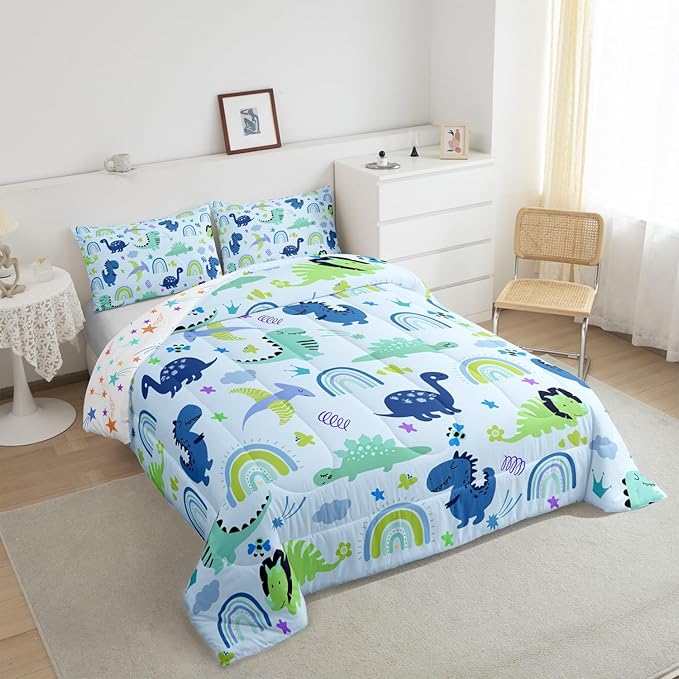 Feelyou Boys Dinosaur Toddler Bedding Sets Queen Size Girls Blue Green Dinosaurs Comforter Set Cute Cartoon Dino Rainbow Down Comforter Quilt Kids Room Decor Reversible Stars Bed Set for All Seasons