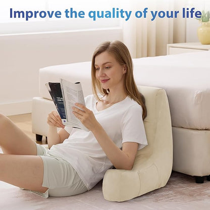 Reading Pillow with Arms for Adult, Back Pillow for Bed Sitting Up, Shredded Memory Foam Backrest Pillow with Pockets & Removable Washable Cover, Lounging, Watching TV, Reading(20" Beige)