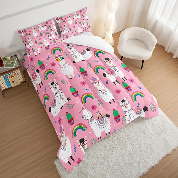 HOSIMA Kids Girls Pink Comforter with 2 Pillowcases,Cute Llama Alpaca Full Size Bed in a Bag Animal Bedding Sets for Room Decor,Rainbow Cactus Flower Toddler Comforter Kawaii Bedding.