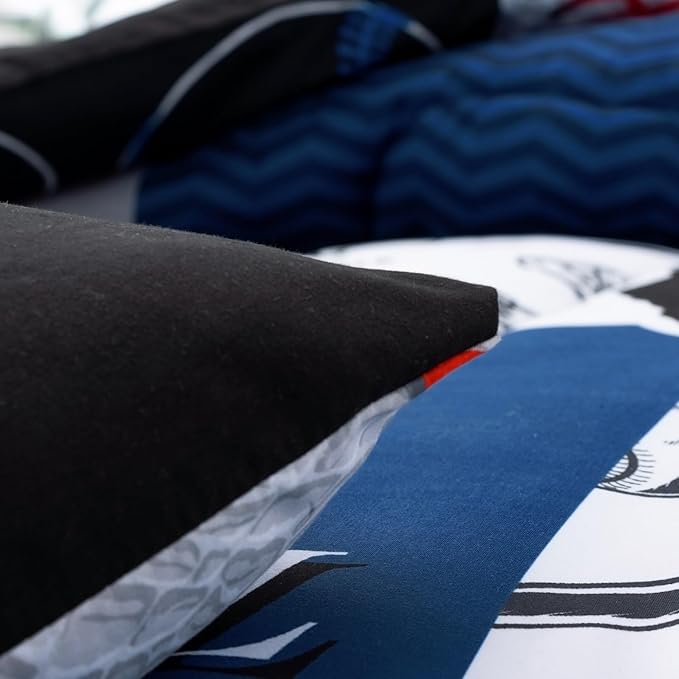 A Nice Night Sports Geometric Grid Black Patchwork Baseball Printed for Boys Full 6Pcs Bed in A Bag Comforter Bedding Set,Blue