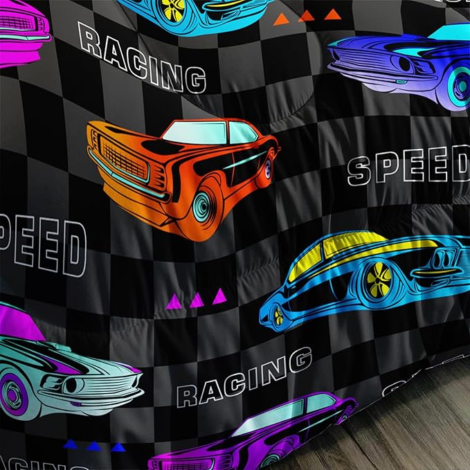 AILONEN Kids Cartoon Car Comforter Set, Full Size, Colorful Bedding Set for Kids Boys, Cool Speed Race Car Bed in a Bag, 3 Pcs, 1 Quilt and 2 Pillowcases, Soft Microfiber