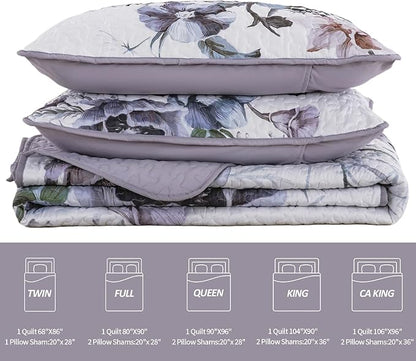 Drucon Purple Floral Quilt Set Queen Size 3 Pieces Purple Botanical Flower Quilt Coverlet Set Soft Microfiber Lightweight Quilted Bedspread for All Season 90"x96"