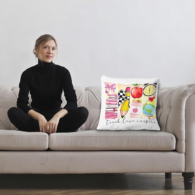Teacher Appreciation Gifts Pillow Covers 18x18, Back to School Gifts for Teachers, Teacher Gifts First Dat of School, Teach Love Inspire Coquette Pillow Covers for Teachers
